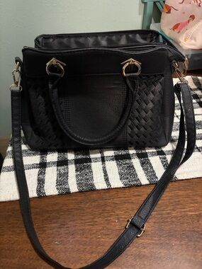 Classic Black Woven-Panel Satchel Handbag - Black
